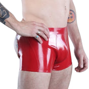 Latex rubber apparel bottoms underwear shorts lingerie open-back open-seat open-butt ass-free assless butt-free ass-cheeks buttcheeks butt-cheeks cod-piece codpiece cheeky gay-shorts fetish fashion alt-fashion kink kinky kinkwear ass-fetish booty-fetish male masculine masc mens menswear guys dudes gay lgbtq pride red