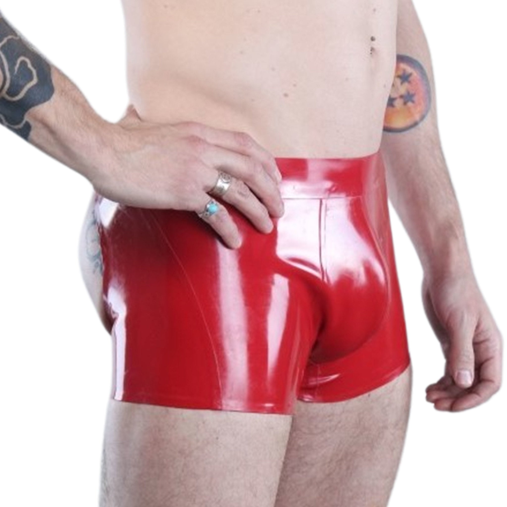 Latex rubber apparel bottoms underwear shorts lingerie open-back open-seat open-butt ass-free assless butt-free ass-cheeks buttcheeks butt-cheeks cod-piece codpiece cheeky gay-shorts fetish fashion alt-fashion kink kinky kinkwear ass-fetish booty-fetish male masculine masc mens menswear guys dudes gay lgbtq pride red