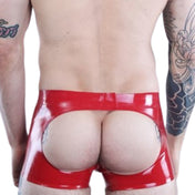 Latex rubber apparel bottoms underwear shorts lingerie open-back open-seat open-butt ass-free assless butt-free ass-cheeks buttcheeks butt-cheeks cod-piece codpiece cheeky gay-shorts fetish fashion alt-fashion kink kinky kinkwear ass-fetish booty-fetish male masculine masc mens menswear guys dudes gay lgbtq pride red