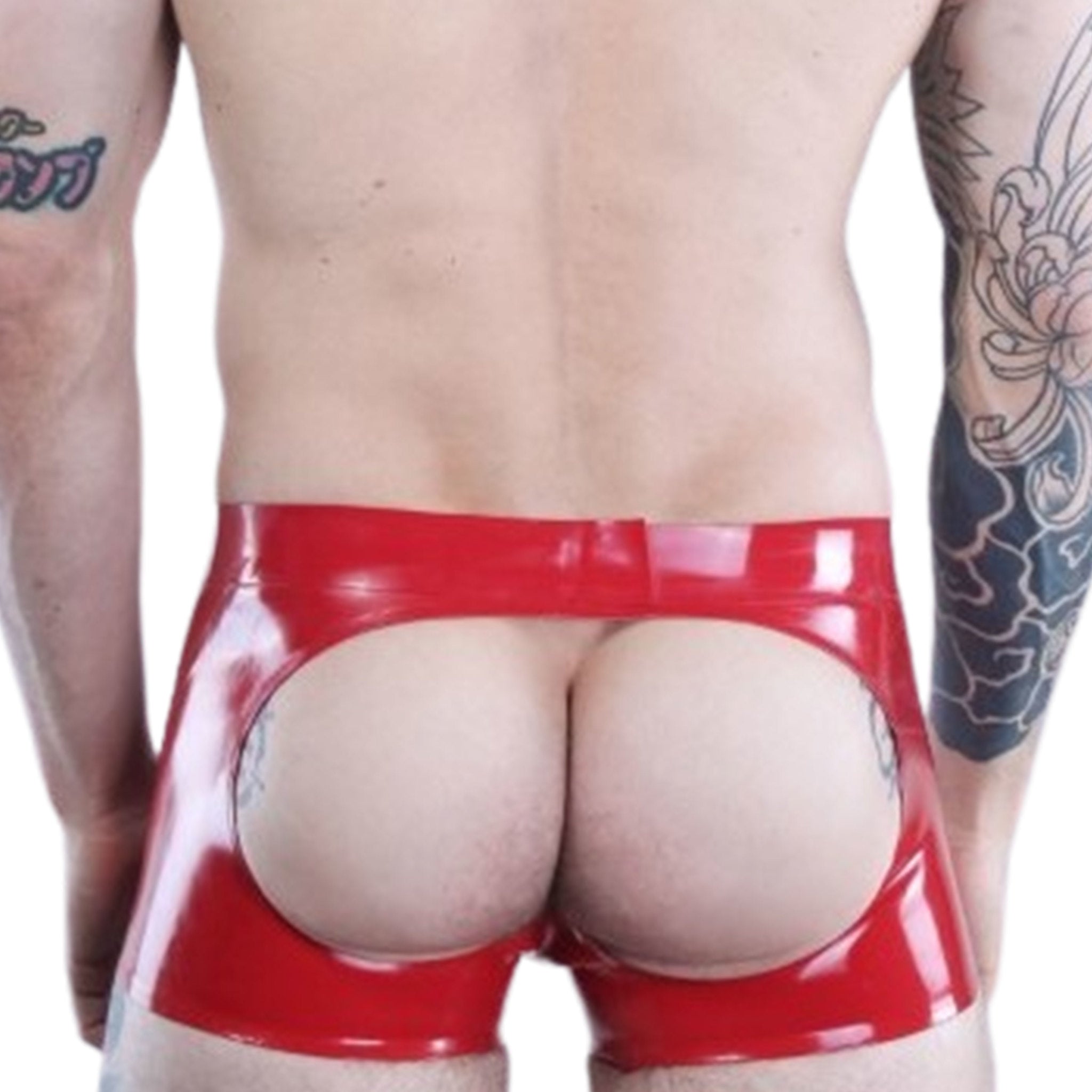 Latex rubber apparel bottoms underwear shorts lingerie open-back open-seat open-butt ass-free assless butt-free ass-cheeks buttcheeks butt-cheeks cod-piece codpiece cheeky gay-shorts fetish fashion alt-fashion kink kinky kinkwear ass-fetish booty-fetish male masculine masc mens menswear guys dudes gay lgbtq pride red
