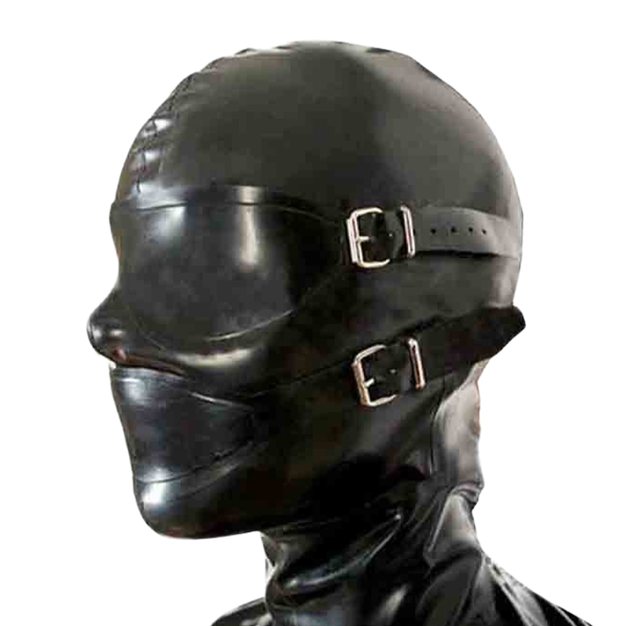 Latex hood anatomical eyes nostrils mouth mouth-gag mouth-plug sculpted-phallus eye-mask removable adjustable buckle bdsm bdsm-gear restraints sensory-play sensory-deprivation bondage kink kinky kinky-play fetish fashion accessories black
