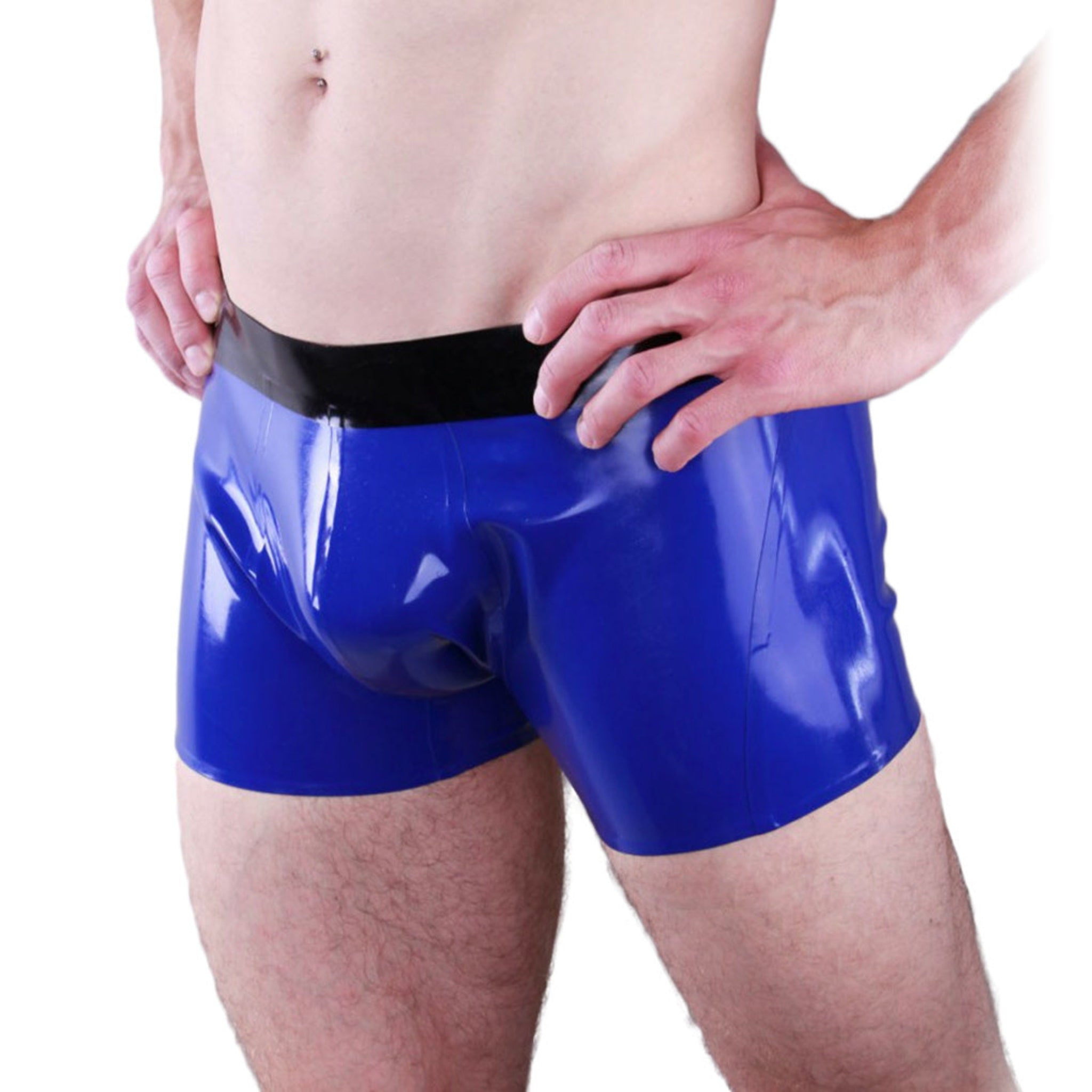High-shine latex shorts with a contrast waistband, seamless back, and a sleek, form-fitting design.