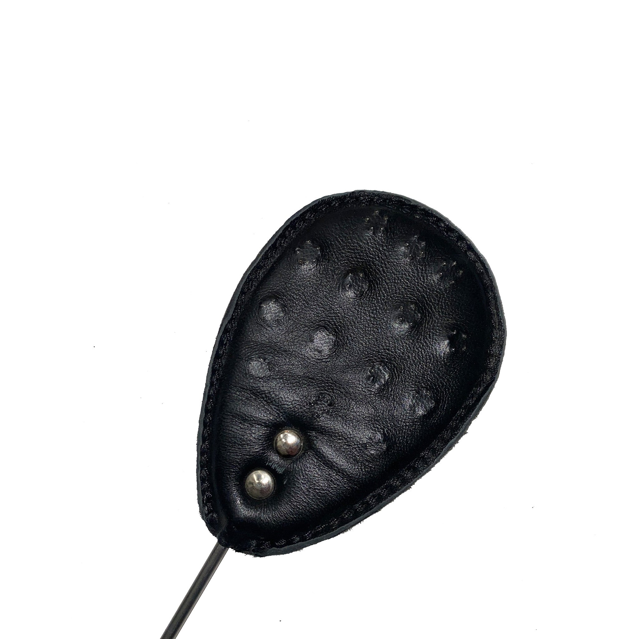 Black leather crop, metal handle, vampire teeth spikes, BDSM impact play, fetish whip.