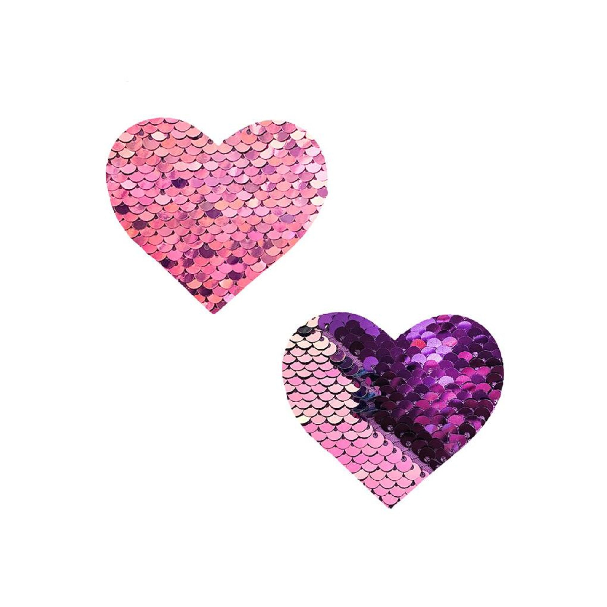 Flip sequin heart pasties, pink to purple, self-adhesive, waterproof.