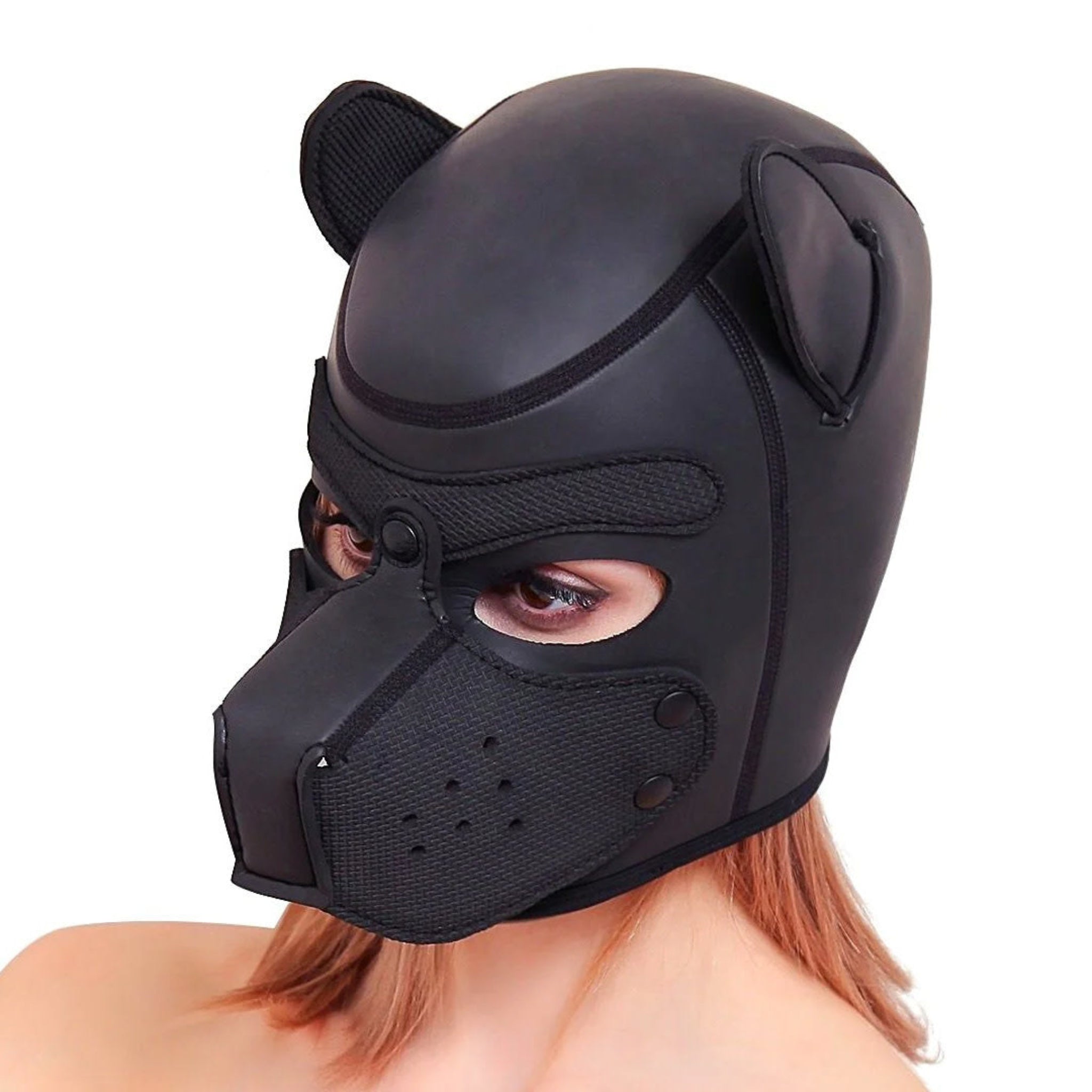 neoprene puppy hood poseable ears removable muzzle snap buttons eye openings lightweight hood cosplay fetish accessory puppy play mask comfortable slip on headwear alternative fashion