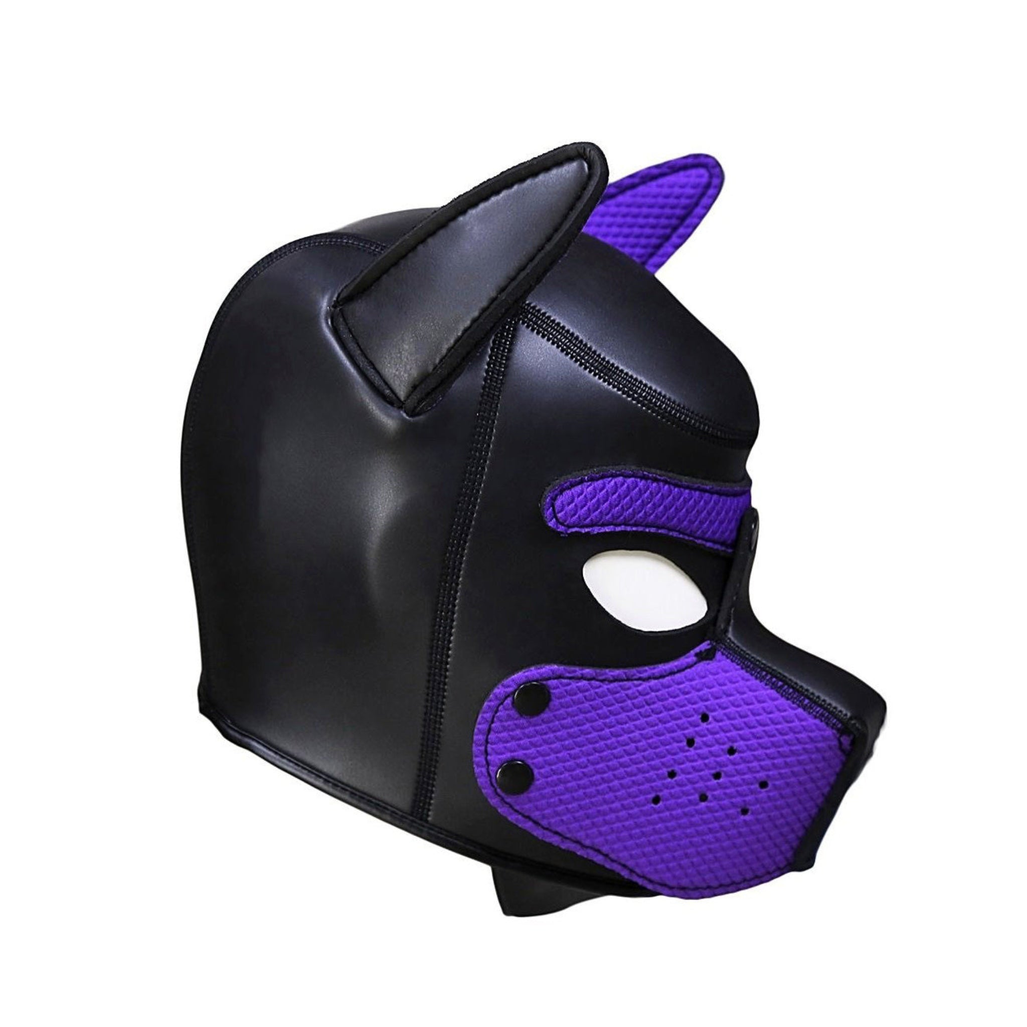 neoprene puppy hood poseable ears removable muzzle snap buttons eye openings lightweight hood cosplay fetish accessory puppy play mask comfortable slip on headwear alternative fashion