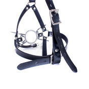 adjustable faux leather face harness with metal spider-legged O-ring gag, open mouth gag for submission play, BDSM oral restraint gag, kink accessory for fetish play