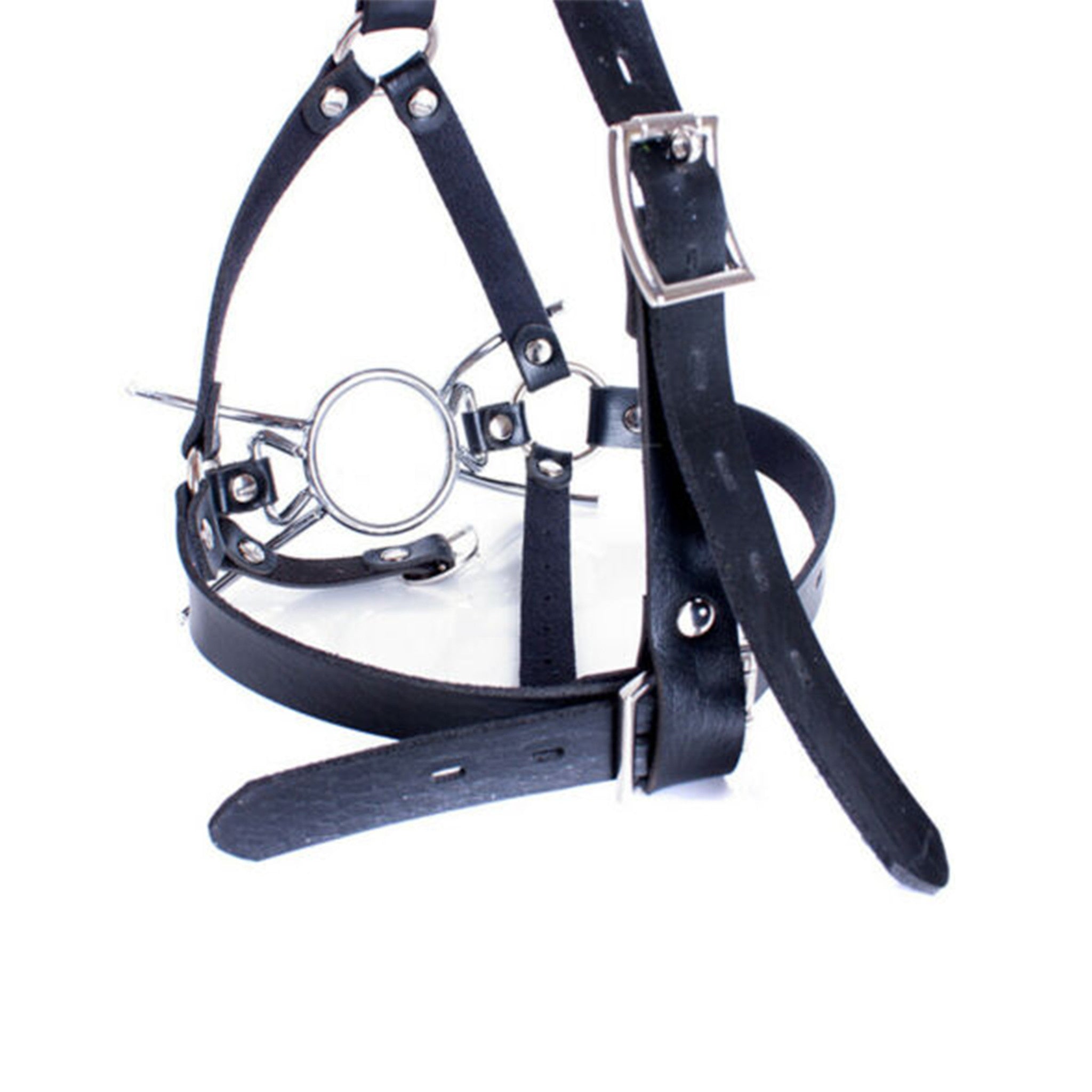 adjustable faux leather face harness with metal spider-legged O-ring gag, open mouth gag for submission play, BDSM oral restraint gag, kink accessory for fetish play