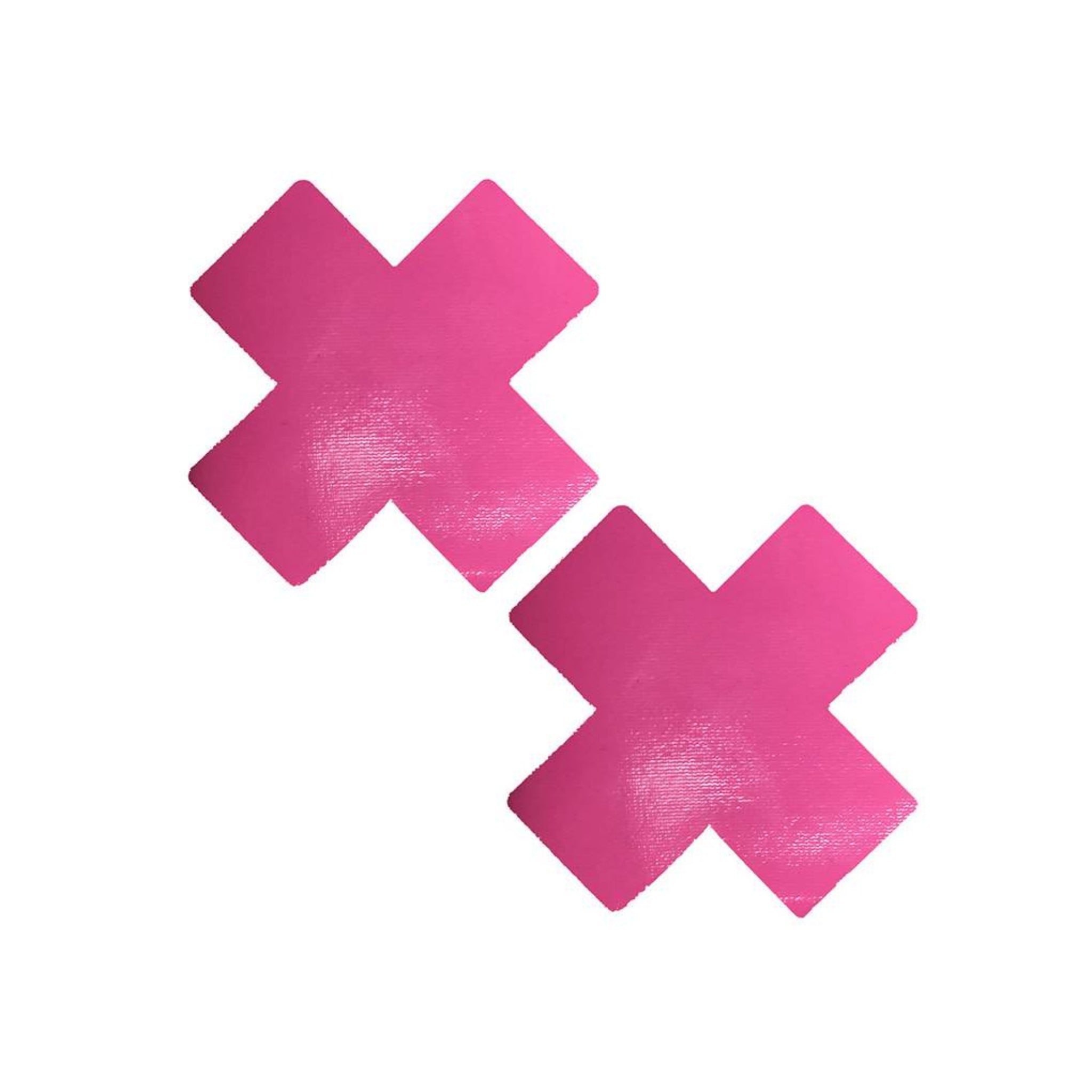 Pink wet vinyl strawberry X pasties, self-adhesive, waterproof nipple covers.
