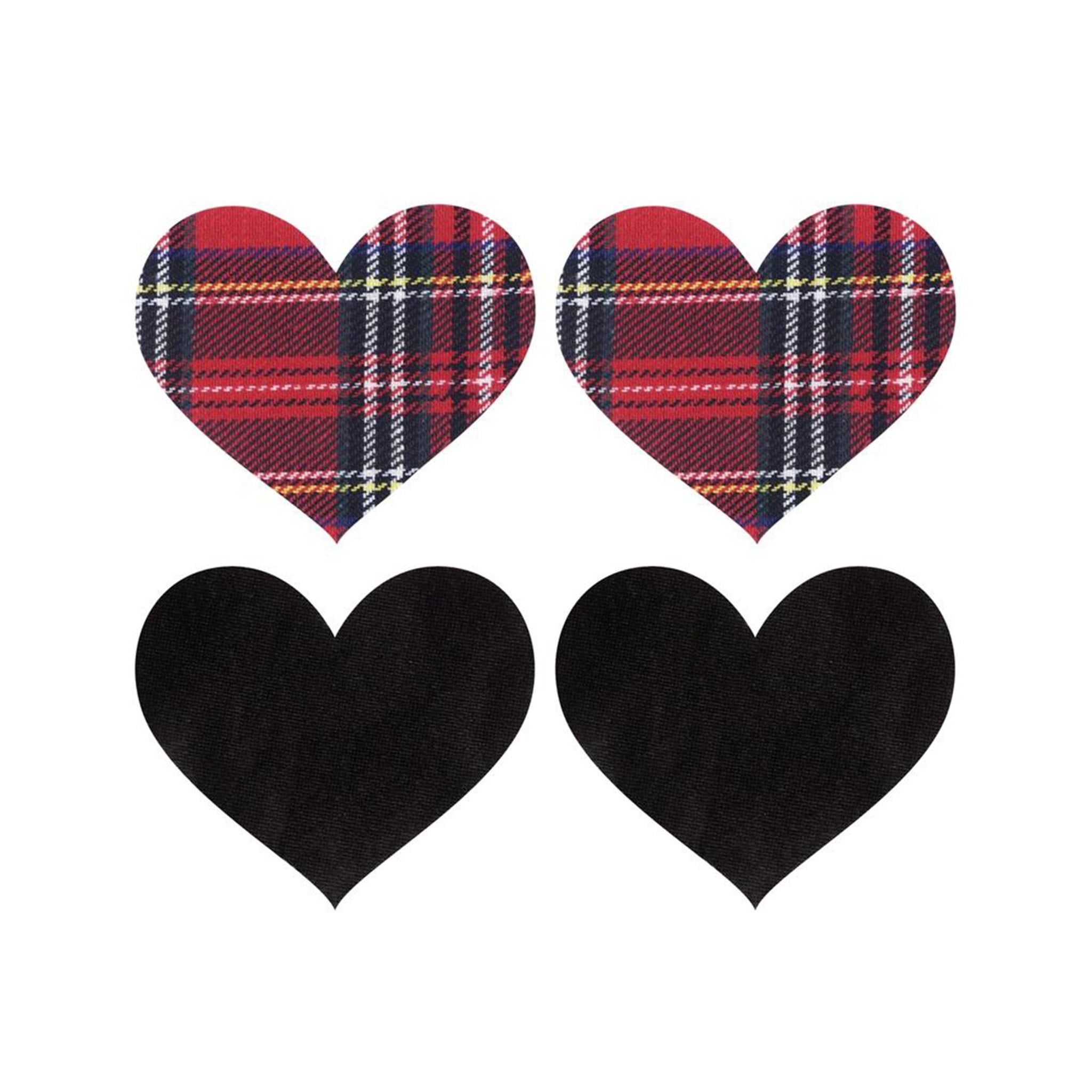Vinyl nipple-pasties pasties breast-petals breast-shields 2pc 2pack 2-pack two-pack self-adhesive wrinkle-free heart heart-shaped deep-V sheer transparent cleavage nipples sleek fashionable freedom revealing schoolgirl costume cosplay valentines sexy style coverage accessories female femme feminine women unisex red black multi plaid