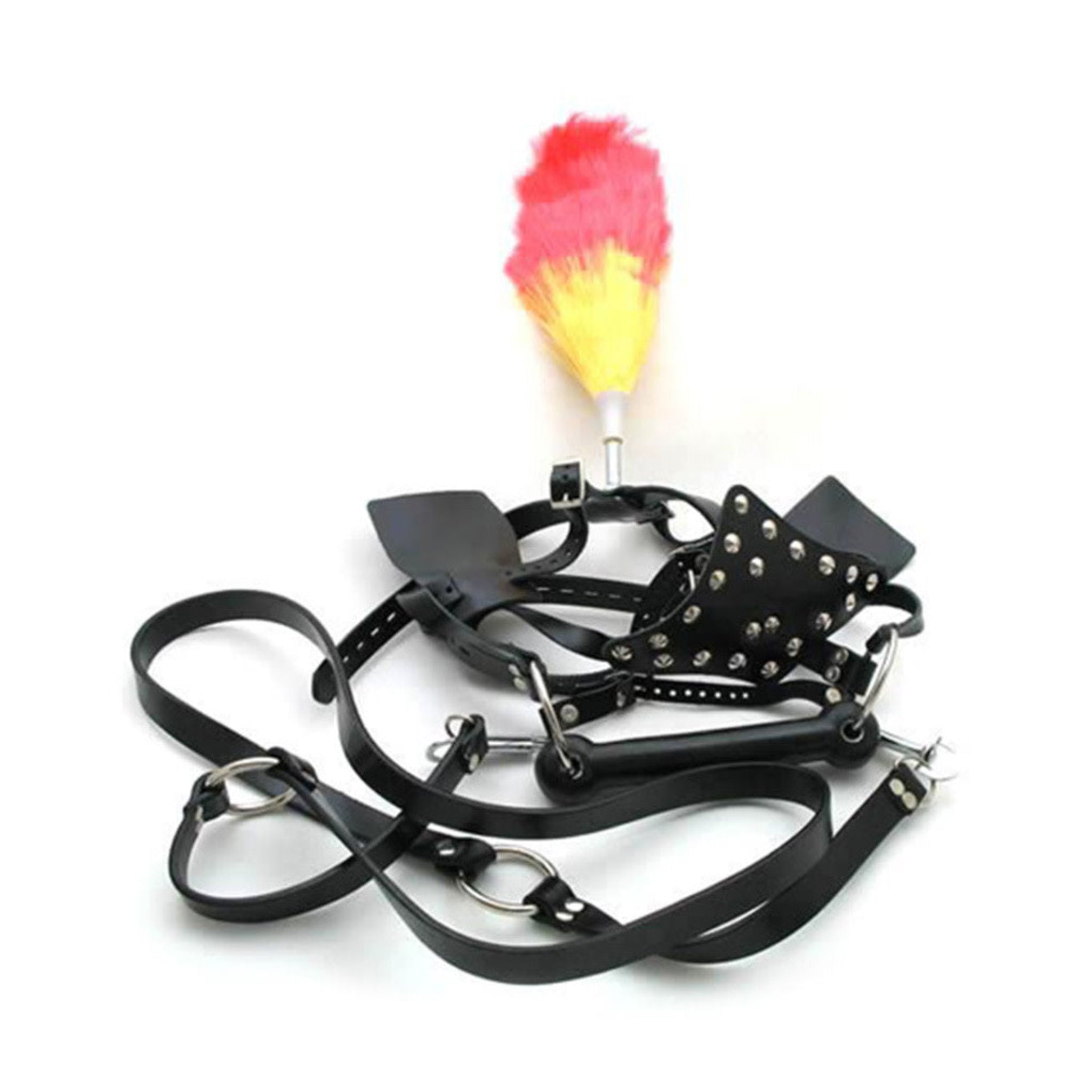 pony harness gag head harness plume blinders bit reins faux leather vinyl BDSM pony play fetish accessory