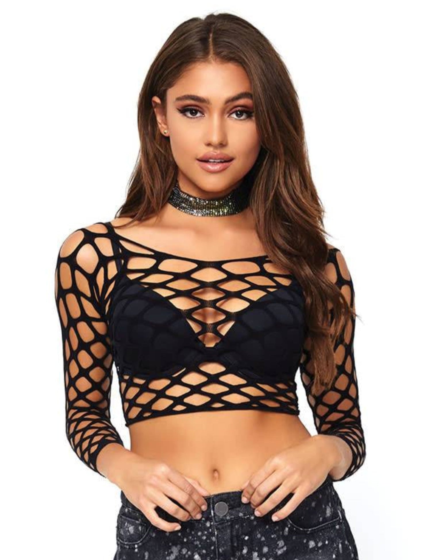 Pothole Net Long Sleeved Crop Top bold fishnet long sleeve crop top sexy pothole cutout stretchy nylon spandex Fetish Factory edgy layering lingerie top clubwear