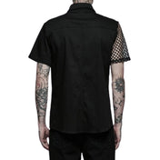 punk asymmetric net sleeve shirt mesh sleeve black shirt PU faux leather accents spikes metallic buttons goth cyberpunk clothing alternative fashion edgy streetwear statement shirt
