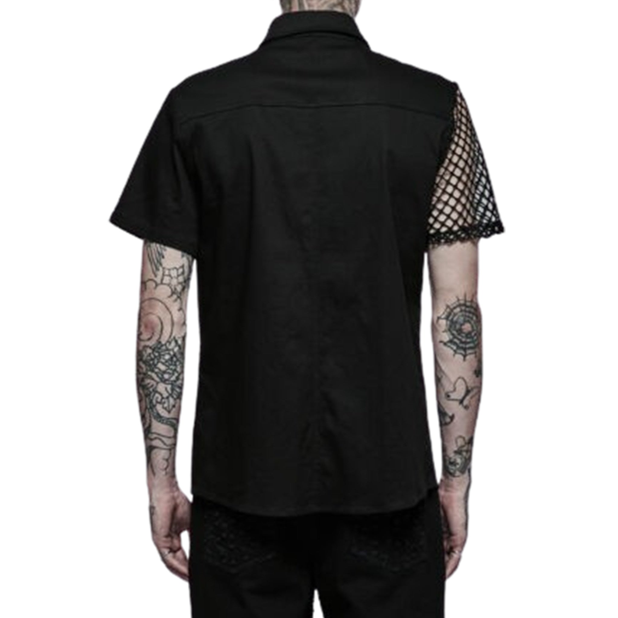 punk asymmetric net sleeve shirt mesh sleeve black shirt PU faux leather accents spikes metallic buttons goth cyberpunk clothing alternative fashion edgy streetwear statement shirt