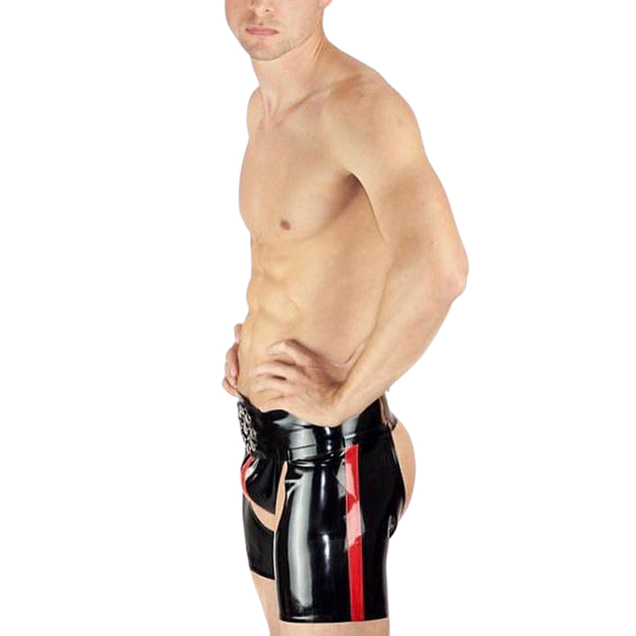 Red and black latex crotchless chap shorts with wide hero-style belt, snap-button closure, racing stripe detail, and corset lace-up back.