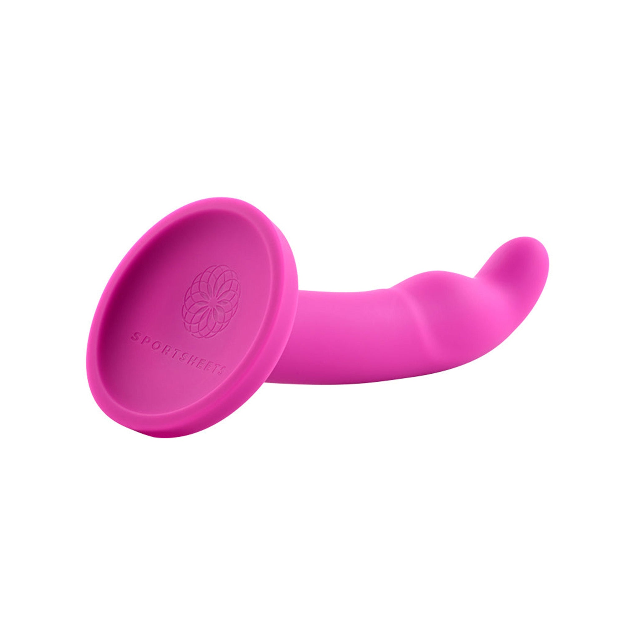 Pink silicone curved dildo, 8-inch, suction cup, harness-compatible, G-Spot and P-Spot stimulation.
