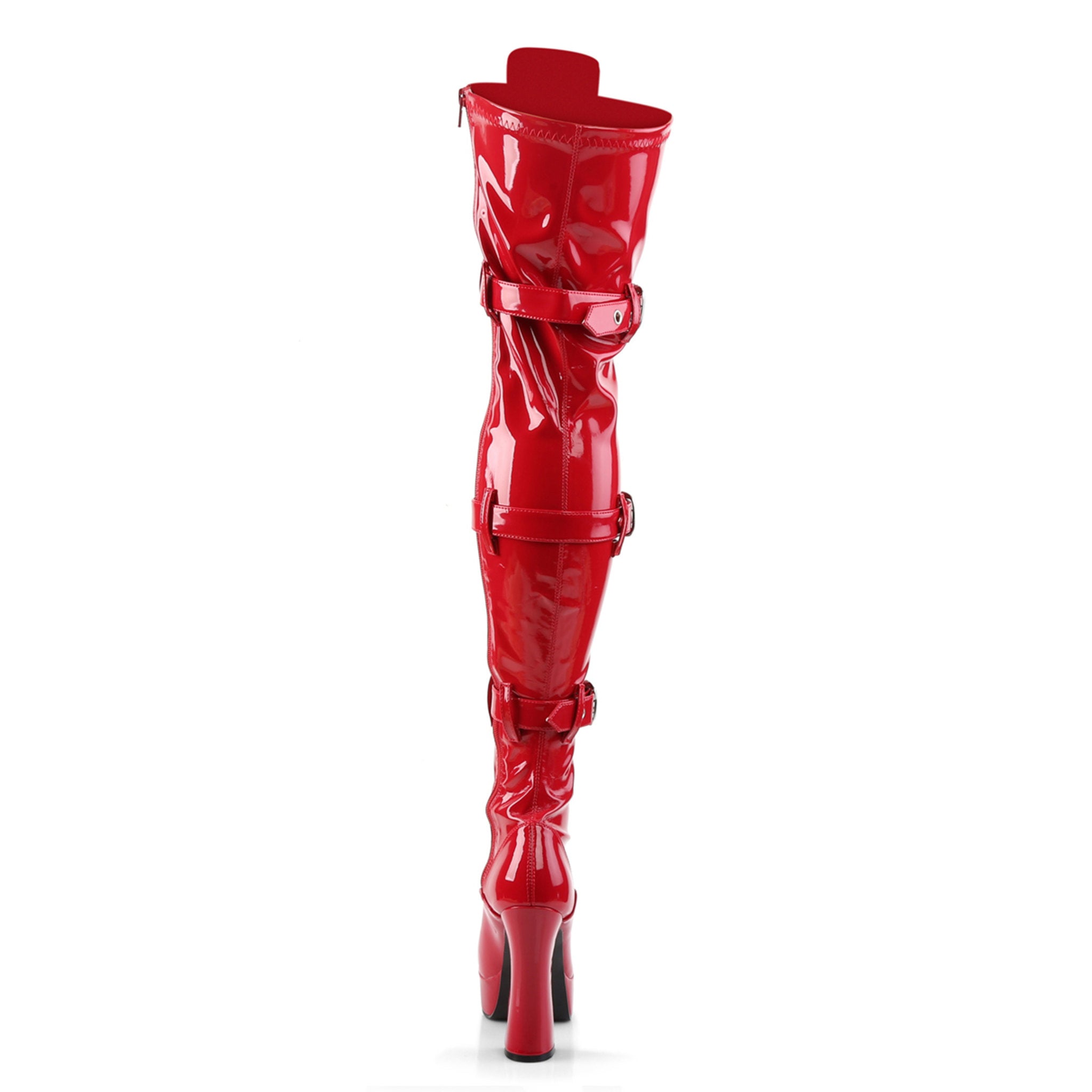 Thigh high boots vegan patent leather ribbon lace-up buckle straps 5 inch heel 1.5 inch platform fetish footwear Fetish Factory