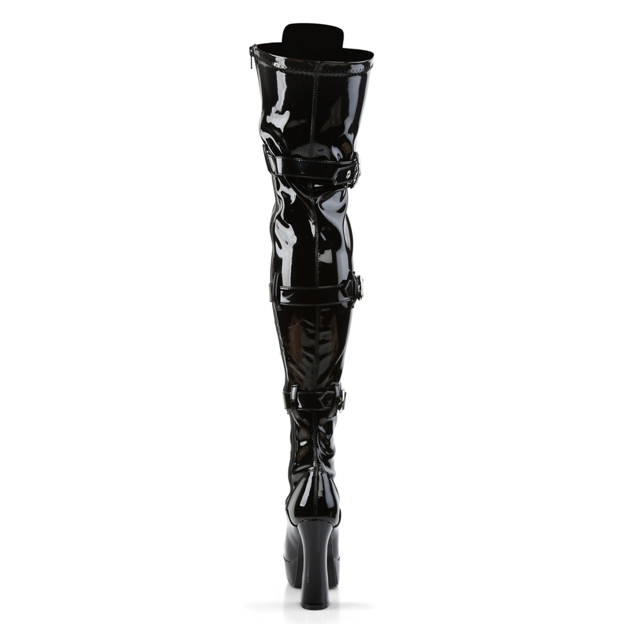 Thigh high boots vegan patent leather ribbon lace-up buckle straps 5 inch heel 1.5 inch platform fetish footwear Fetish Factory