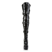 Thigh high boots vegan patent leather ribbon lace-up buckle straps 5 inch heel 1.5 inch platform fetish footwear Fetish Factory