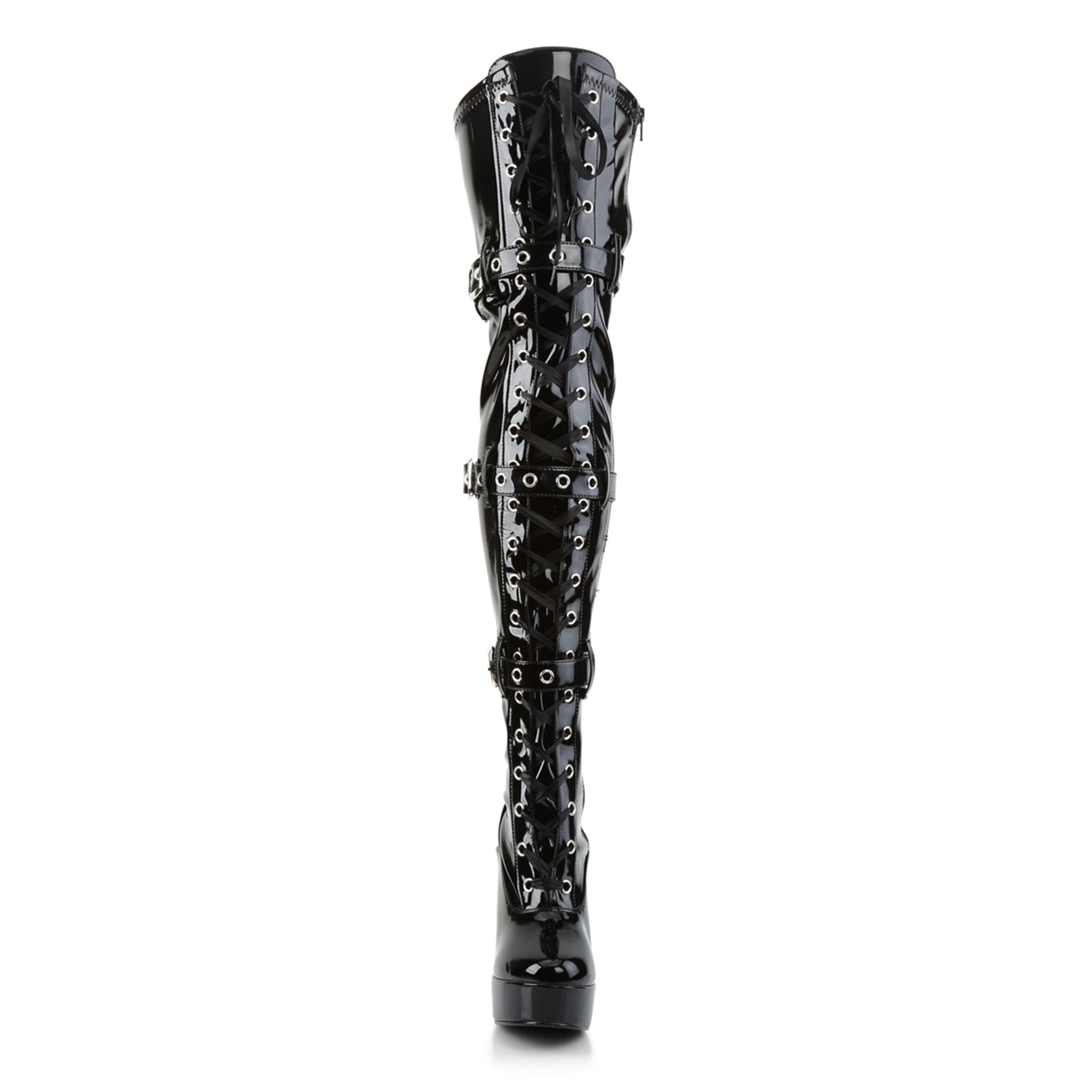 Thigh high boots vegan patent leather ribbon lace-up buckle straps 5 inch heel 1.5 inch platform fetish footwear Fetish Factory