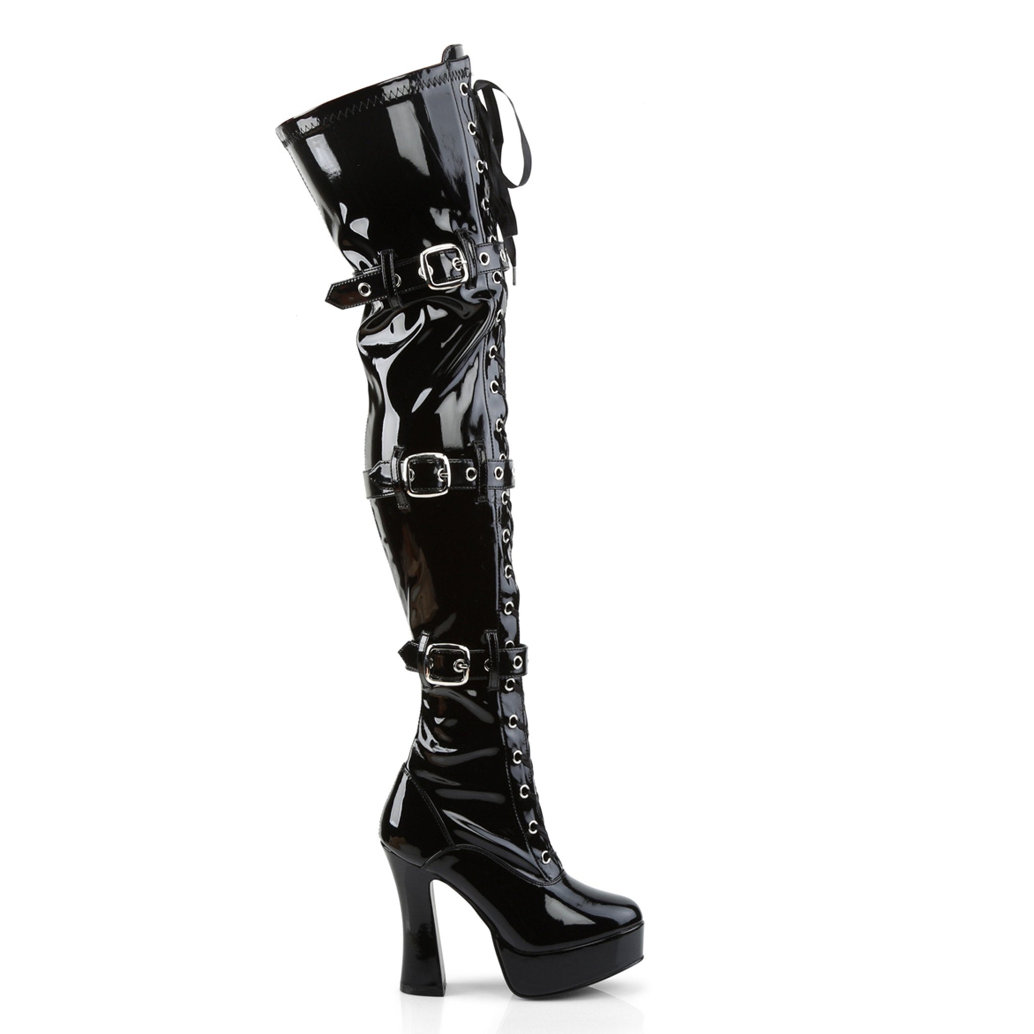 Leather patent-leather vegan-leather synthetic-upper synthetic-lining synthetic-midsole synthetic-outsole 
accessories footwear shoes boots chunky-heel platform-boot thigh-high thigh-hi ribbon-laces laceup lace-up adjustable buckle side-buckle inside-zip zipper bold elegant shiny glossy high-gloss stretchy fetish fashion alt-fashion alternative punk cyber cyberpunk festivalwear clubwear raver-babe ravewear costume cosplay halloween female femme feminine womens black