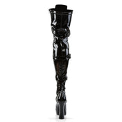 Leather patent-leather vegan-leather synthetic-upper synthetic-lining synthetic-midsole synthetic-outsole 
accessories footwear shoes boots chunky-heel platform-boot thigh-high thigh-hi ribbon-laces laceup lace-up adjustable buckle side-buckle inside-zip zipper bold elegant shiny glossy high-gloss stretchy fetish fashion alt-fashion alternative punk cyber cyberpunk festivalwear clubwear raver-babe ravewear costume cosplay halloween female femme feminine womens black