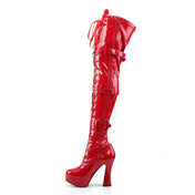 Leather patent-leather vegan-leather synthetic-upper synthetic-lining synthetic-midsole synthetic-outsole 
accessories footwear shoes boots chunky-heel platform-boot thigh-high thigh-hi ribbon-laces laceup lace-up adjustable buckle side-buckle inside-zip zipper bold elegant shiny glossy high-gloss stretchy fetish fashion alt-fashion alternative punk cyber cyberpunk festivalwear clubwear raver-babe ravewear costume cosplay halloween female femme feminine womens red