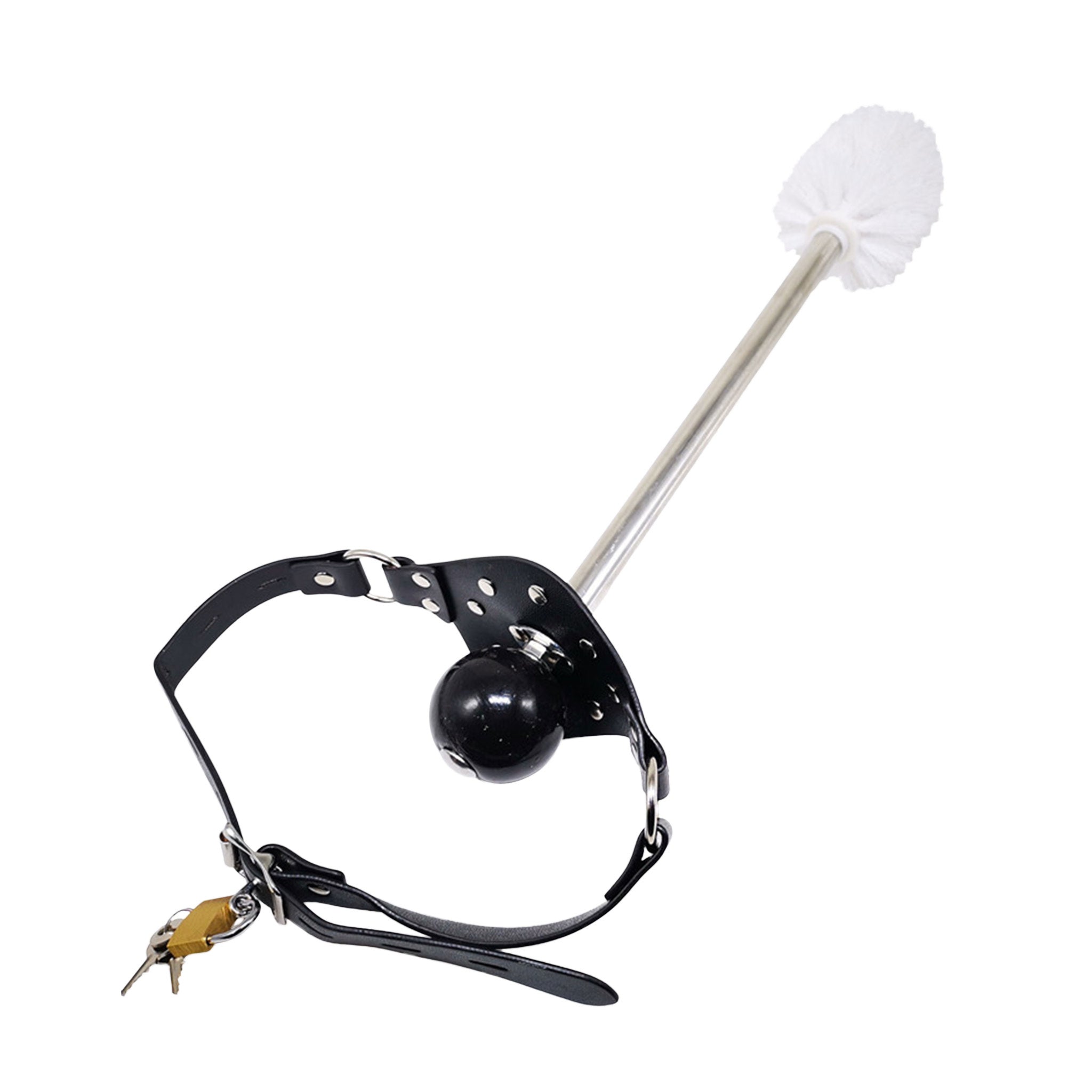 toilet brush mouth gag lockable faux leather studded silicone ball strap keys BDSM filth fetish restraint accessory