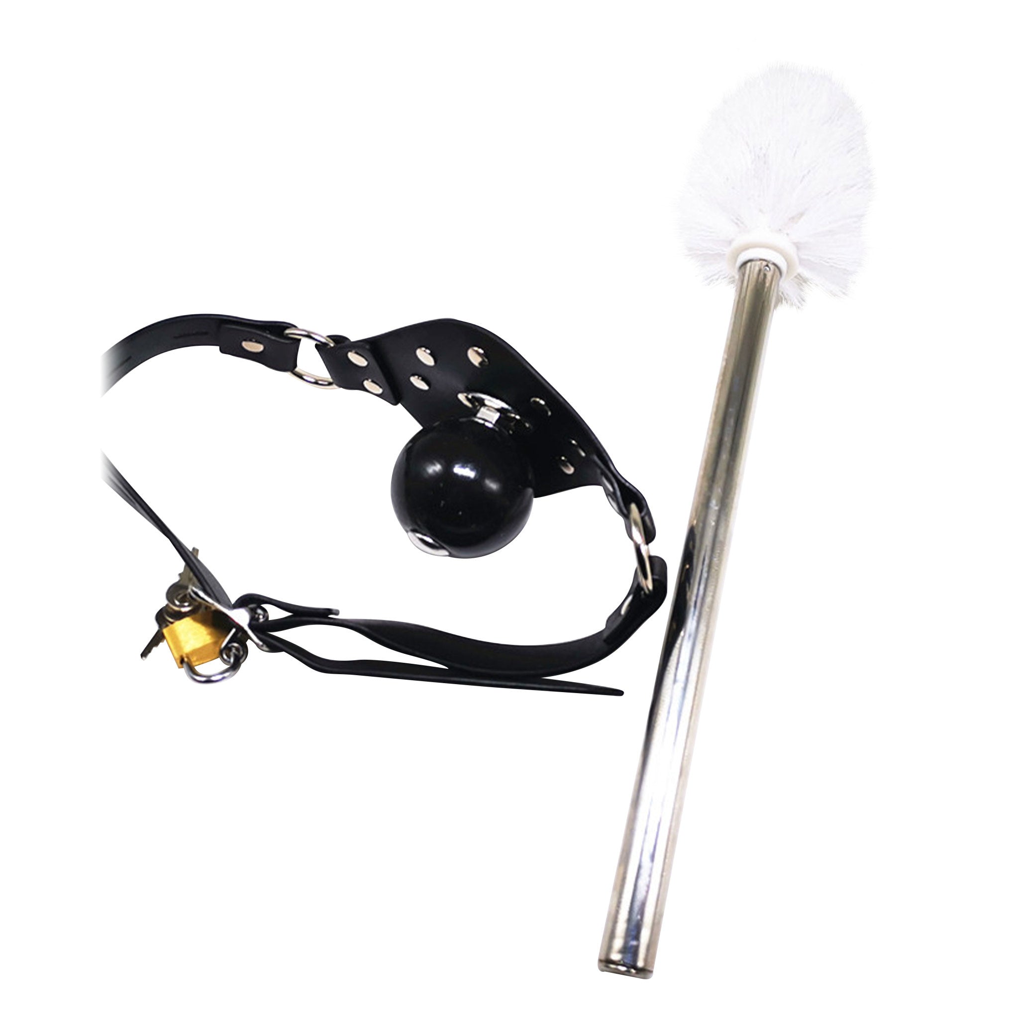 toilet brush mouth gag lockable faux leather studded silicone ball strap keys BDSM filth fetish restraint accessory