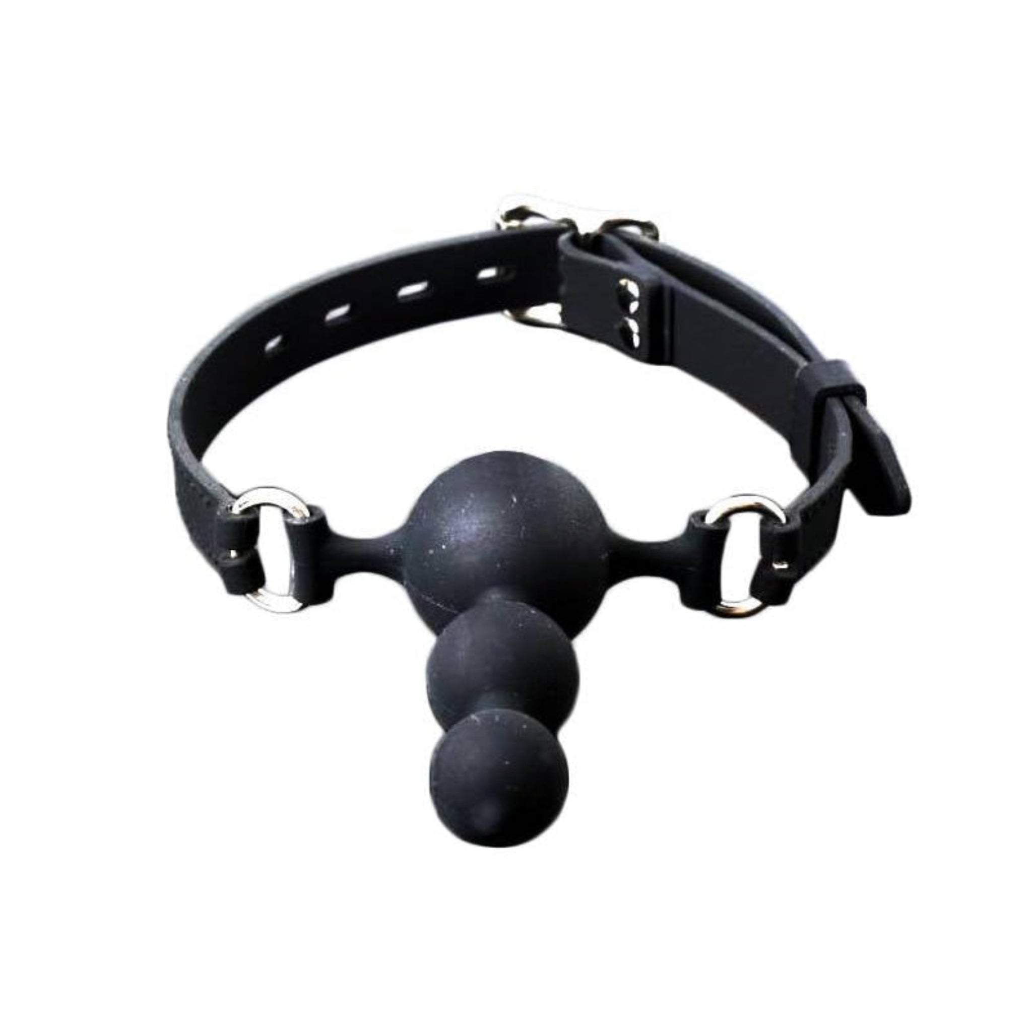 Triple silicone ball gag with three ascending balls, adjustable locking strap, tiered BDSM mouth gag, small to large gag balls, fetish bondage accessory