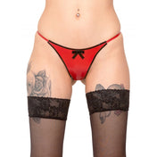 Vintage metallic red latex thong with black trim, front bow detail, shiny fetish underwear, cheeky thong cut, one size latex lingerie.