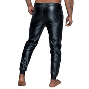Wetlook power powerwetlook matte glossy long bottoms pants trousers sweatpants jogging tracksuit sweats drawstring waist zipper crotch elastic ankle cuff activewear athleisure loose relaxed noir black