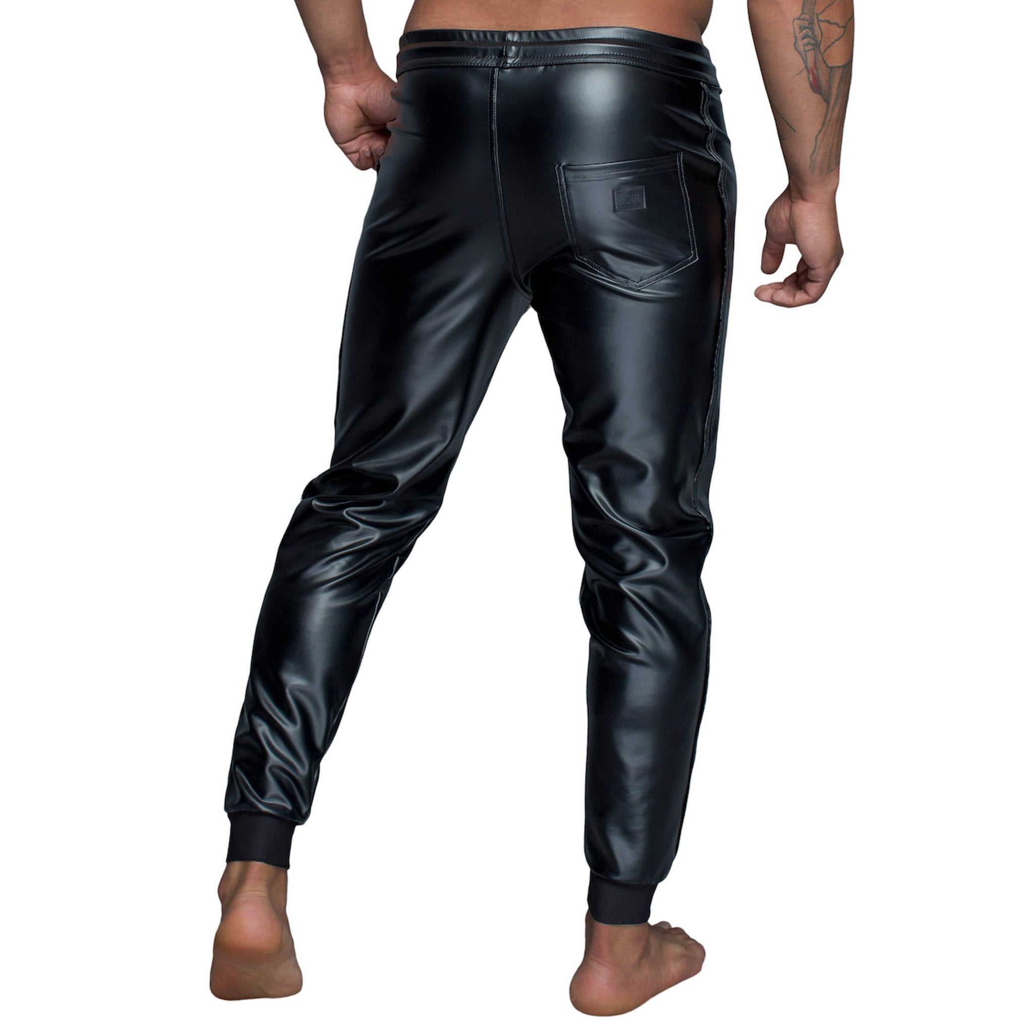 Wetlook power powerwetlook matte glossy long bottoms pants trousers sweatpants jogging tracksuit sweats drawstring waist zipper crotch elastic ankle cuff activewear athleisure loose relaxed noir black