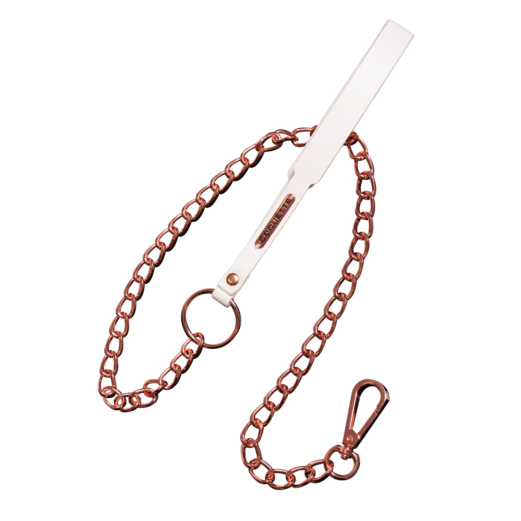 White vegan leather leash, rose gold chain, metal clip, wrist strap.