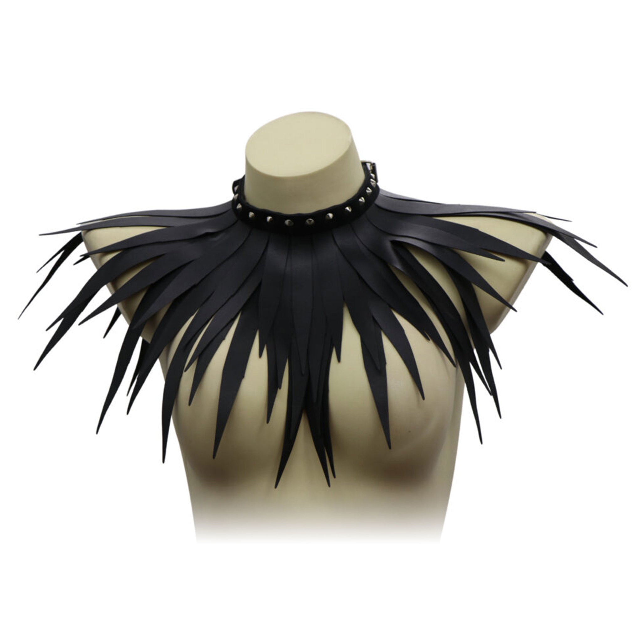 Studded Feather Fringe Collar | Faux leather studded feather collar | Fetish party accessory | Adjustable buckle black collar | Dramatic gothic fringe collar | Alternative fashion statement piece
