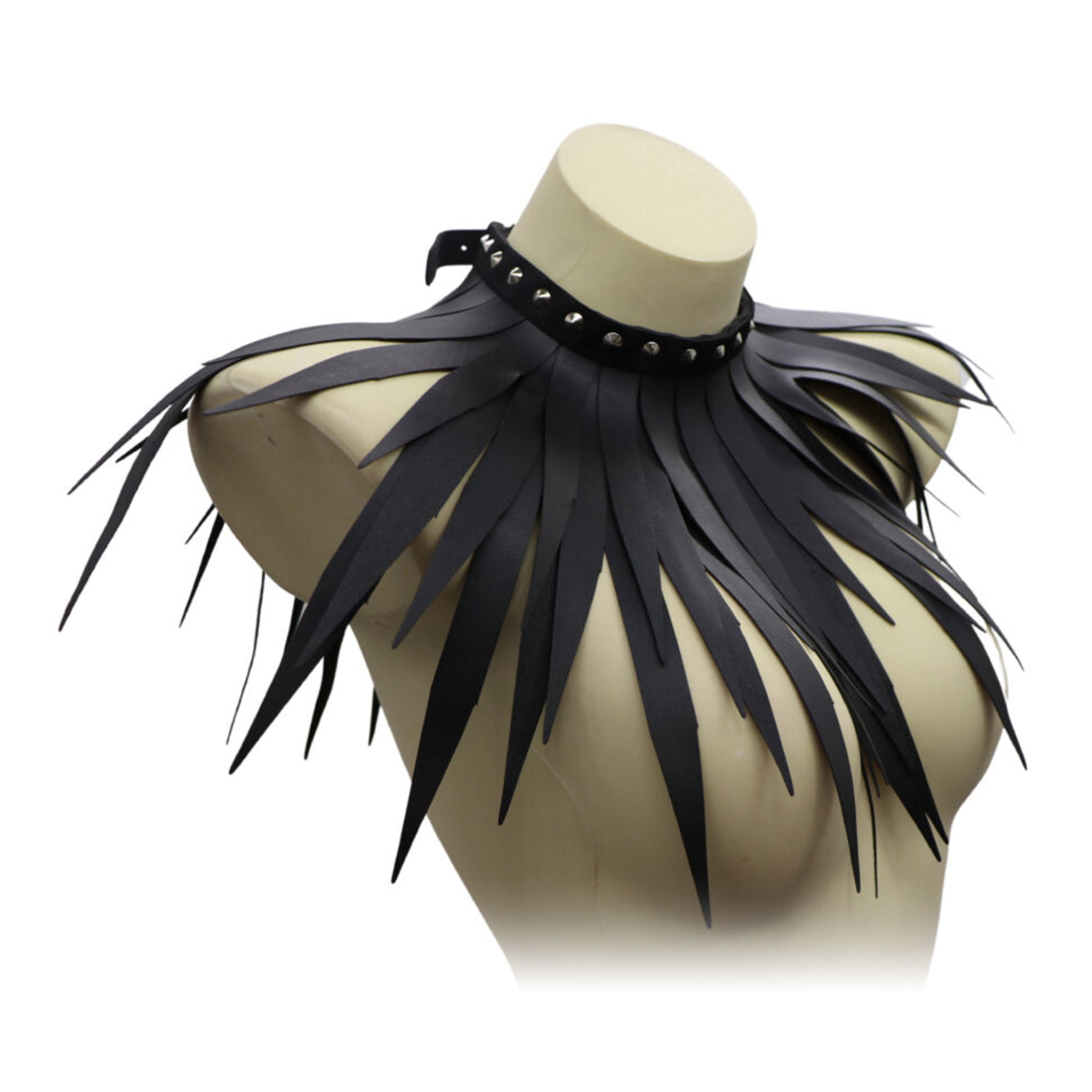 Studded Feather Fringe Collar | Faux leather studded feather collar | Fetish party accessory | Adjustable buckle black collar | Dramatic gothic fringe collar | Alternative fashion statement piece