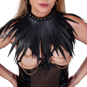 Studded Feather Fringe Collar | Faux leather studded feather collar | Fetish party accessory | Adjustable buckle black collar | Dramatic gothic fringe collar | Alternative fashion statement piece
