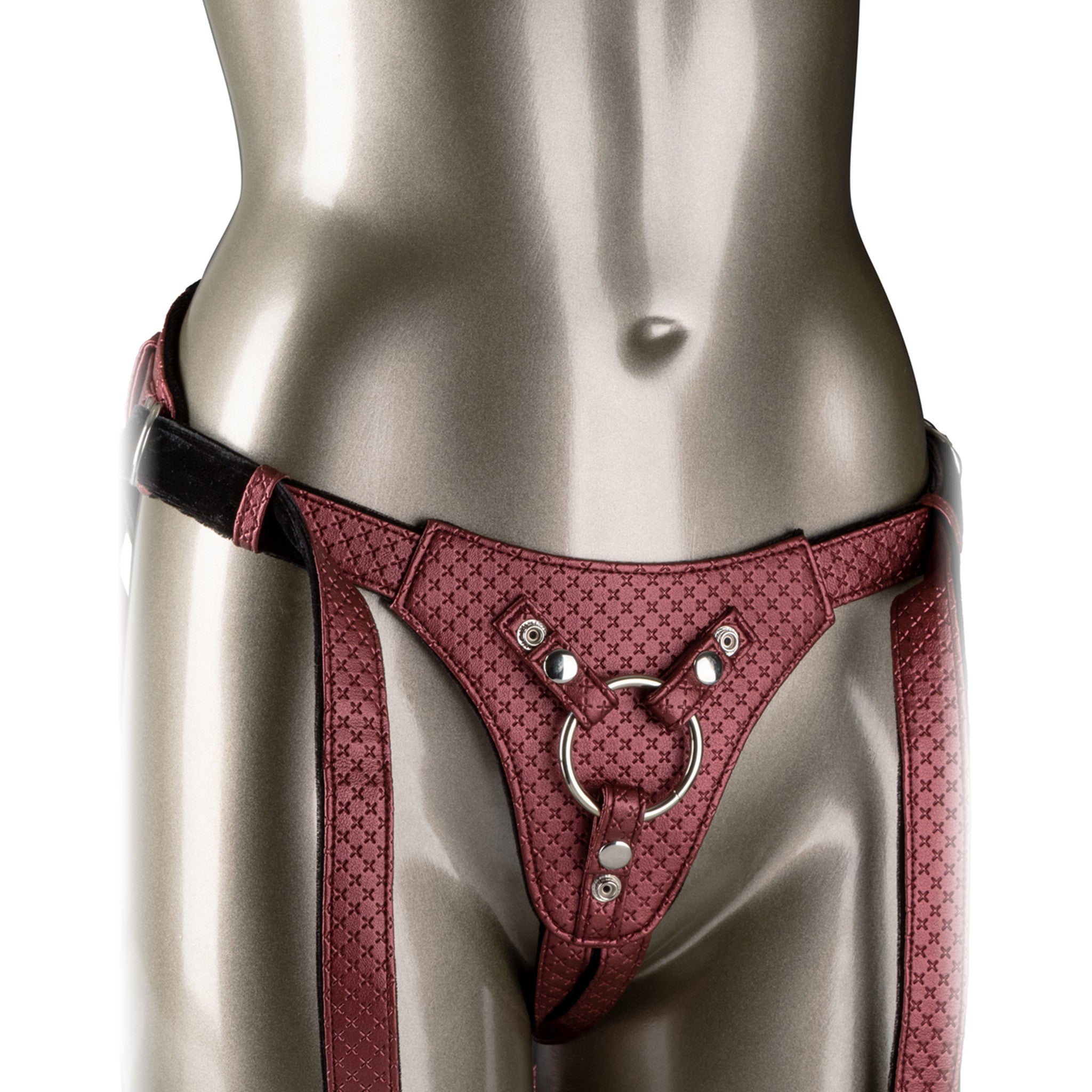 Regal Queen Adjustable Harness in red with a corset-like lace design, plush velvety lining, adjustable buckle, and bold crotchless design. Includes rings in various sizes.
