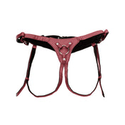 Regal Queen Adjustable Harness in red with a corset-like lace design, plush velvety lining, adjustable buckle, and bold crotchless design. Includes rings in various sizes.