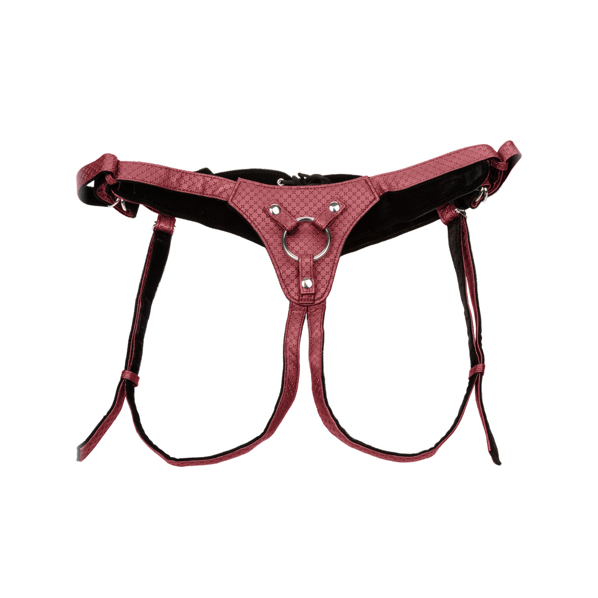 Regal Queen Adjustable Harness in red with a corset-like lace design, plush velvety lining, adjustable buckle, and bold crotchless design. Includes rings in various sizes.