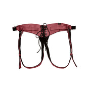 Regal Queen Adjustable Harness in red with a corset-like lace design, plush velvety lining, adjustable buckle, and bold crotchless design. Includes rings in various sizes.