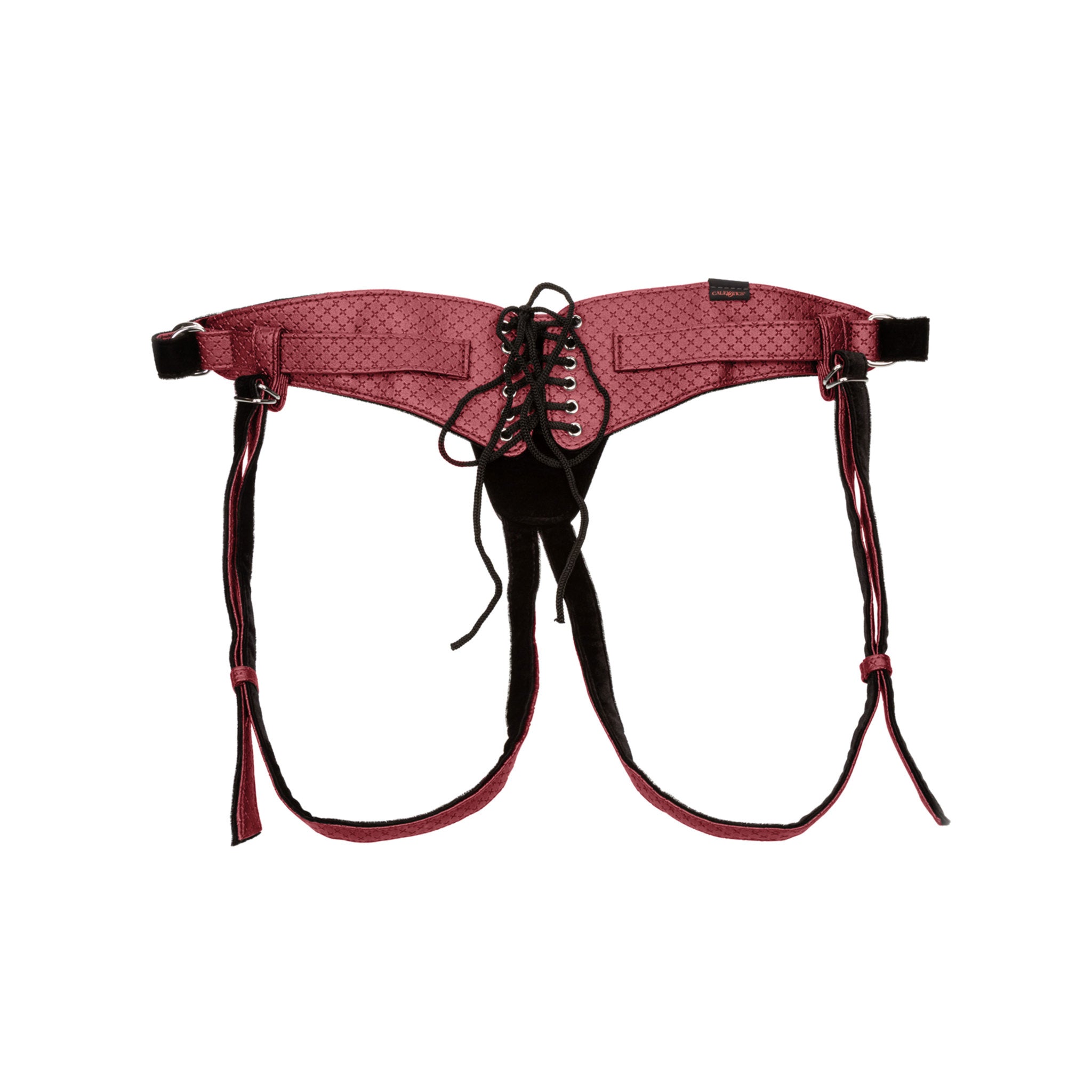 Regal Queen Adjustable Harness in red with a corset-like lace design, plush velvety lining, adjustable buckle, and bold crotchless design. Includes rings in various sizes.