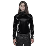 V-shape Collar & Buckles Detail Long Sleeve Sharkskin Wet Velvet Shirt